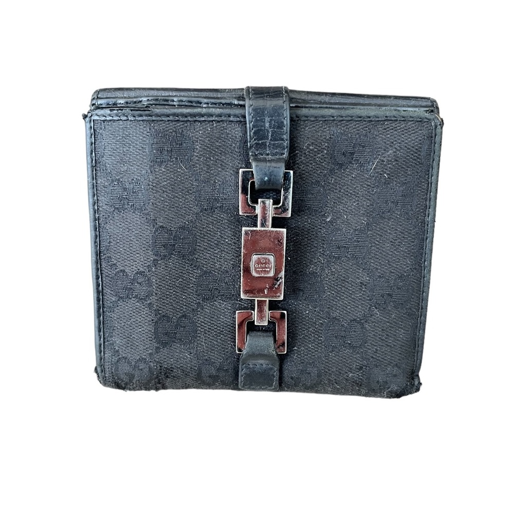 Gucci Jackie Signature Black GG Canvas Compact Wallet Black Leather Trim Used
